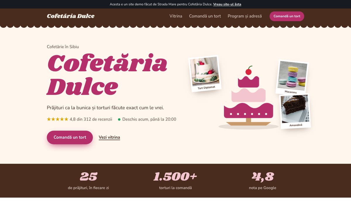 Site demo pentru cofetărie, pe calculator